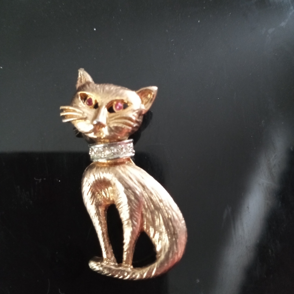 Cat Pin with faux diamond collar.